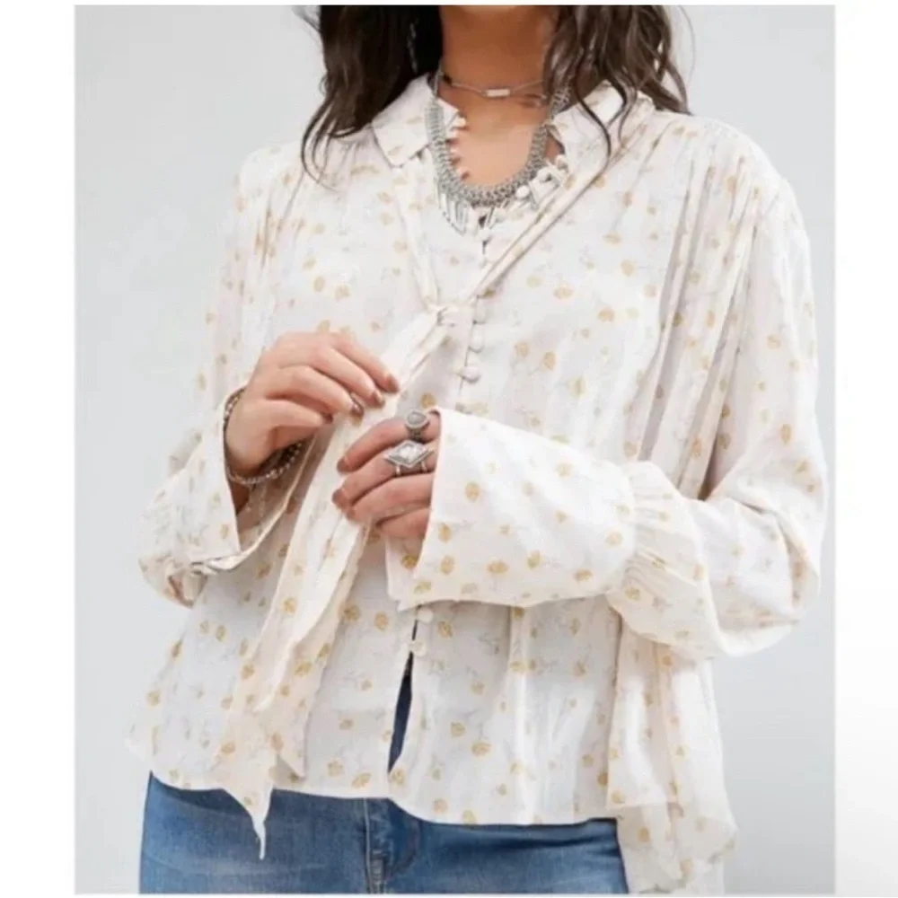 Free People Modern Muse Floral Blouse Yellow Flower Size Small Boho Flowy